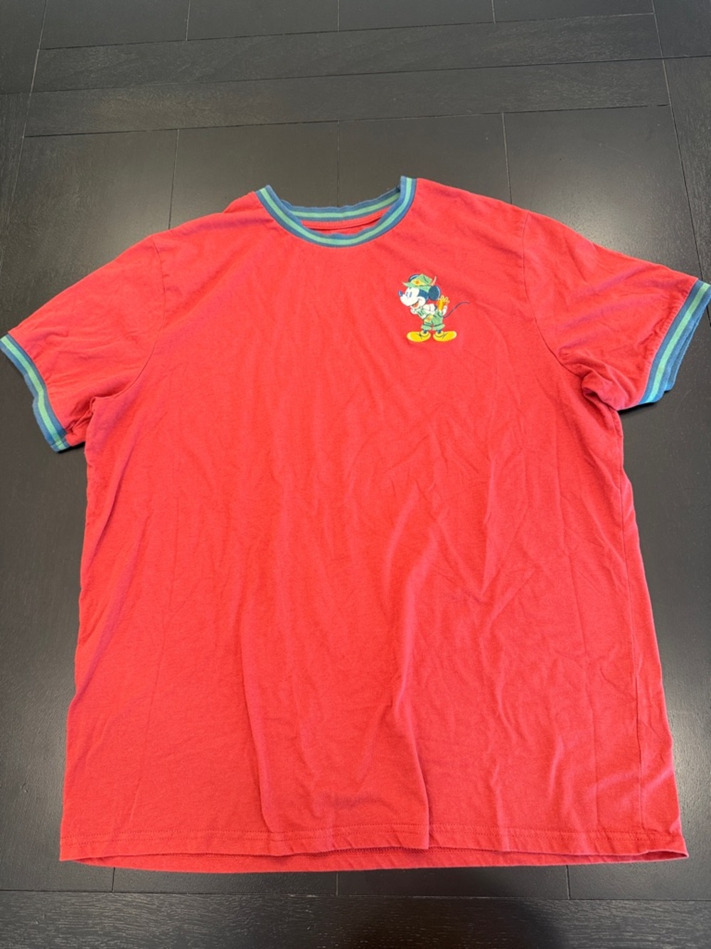 Disney Parks Safari Mickey Mouse Embroidered Ringer Tee - XL Red/Teal